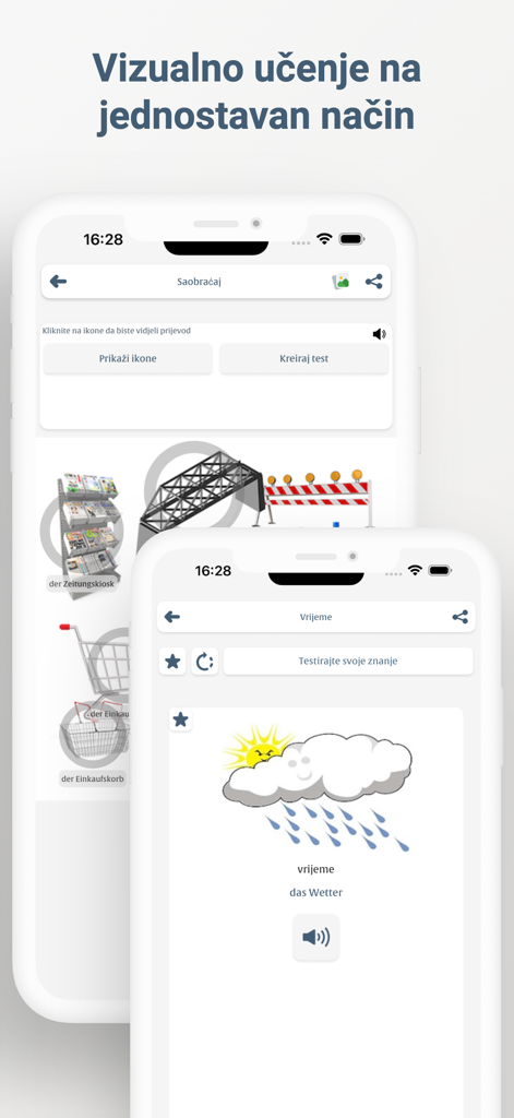 Naučite Bosanski Njemački - Captura de pantalla de la aplicación de idiomas bosnio-alemán que muestra herramientas de aprendizaje visual con ilustraciones y vocabulario sobre el clima y el transporte.