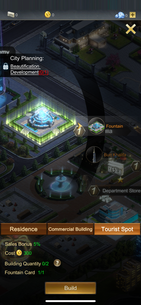 Legend City - Legend City game interface showing the city planning menu for building a fountain under the tourist spot category