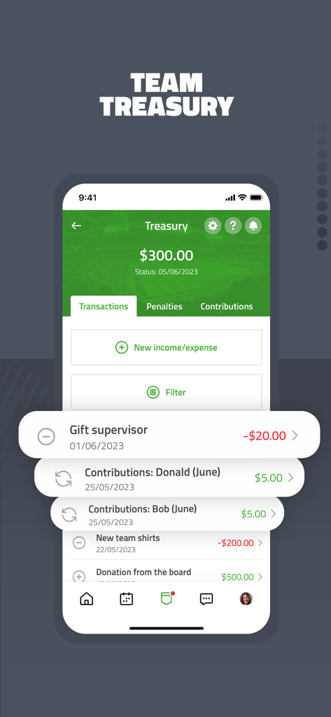 TeamPlus - Team Management - Mobile interface of the TeamPlus app showing the Team Treasury feature with a balance of 300 dollars and a list of team transactions.