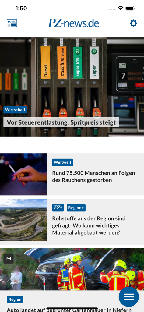 Oberfläche der PZ-Nachrichten-App für Mobiltelefone mit deutschen regionalen Nachrichten-Schlagzeilen und Artikeln