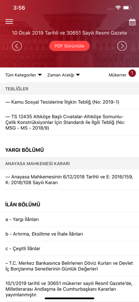 T.C. Resmi Gazete - Interface of the T.C. Resmi Gazete app listing legal notices and documents