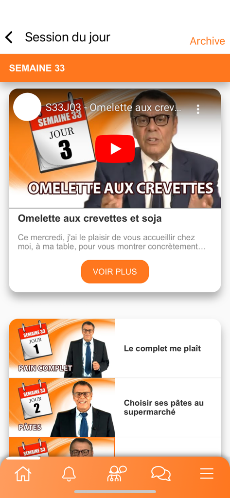 Méthode Cohen - Capture d'écran de l'application Méthode Cohen sur mobile, présentant des vidéos de coaching quotidiennes et des recettes saines proposées par le Dr Jean-Michel Cohen.