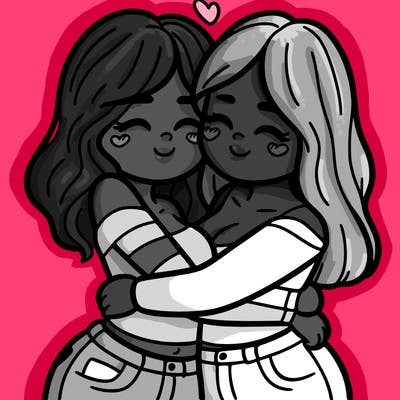 two females (pride month) hugging