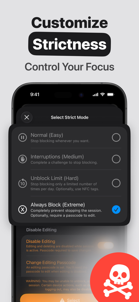 A mobile screen from the Refocus app showing various strictness levels for blocking apps including Easy Medium Hard and Extreme modes.