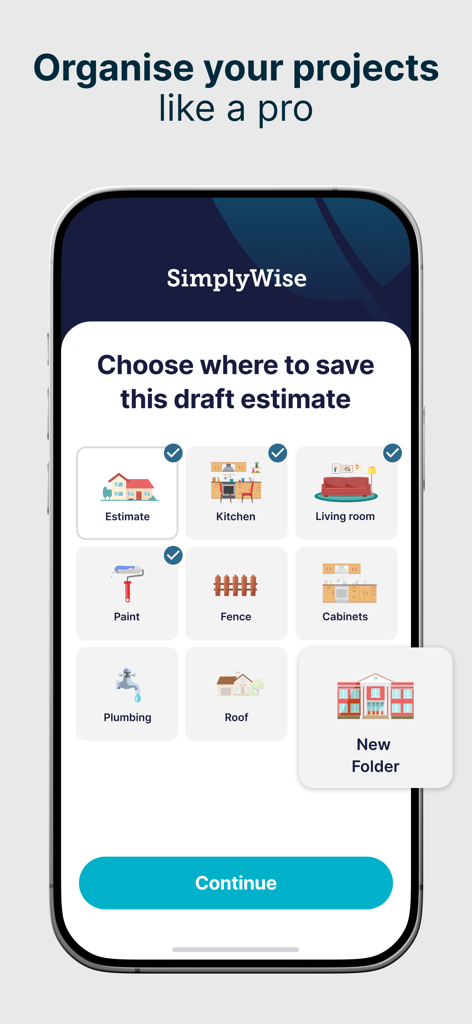 Schermata dell'app SimplyWise che mostra opzioni per organizzare i preventivi bozza per categorie di progetto come Cucina, Tetto e Idraulica.