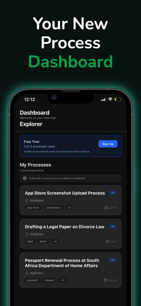 SOPmate app dashboard showing a list of recorded standard operating procedures