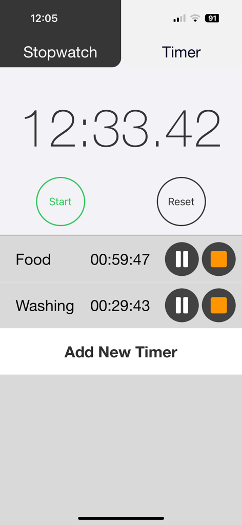 Stopwatch and multiple timers with custom labels for food and washing tasks