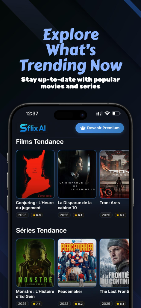 Interface de l'application Sflix AI affichant des listes de films et de séries télévisées tendances.