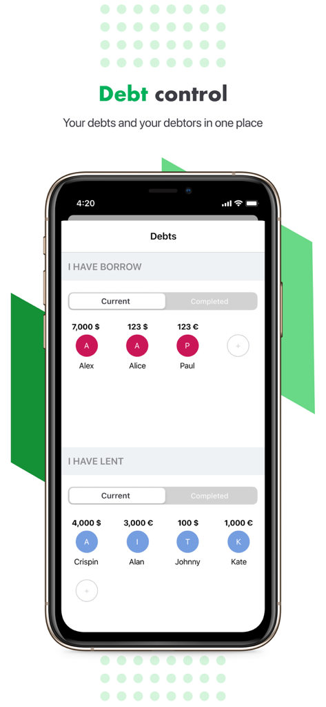 Cubux - Budget planner - Interface of the Cubux app showing a list of borrowed and lent money under debt control