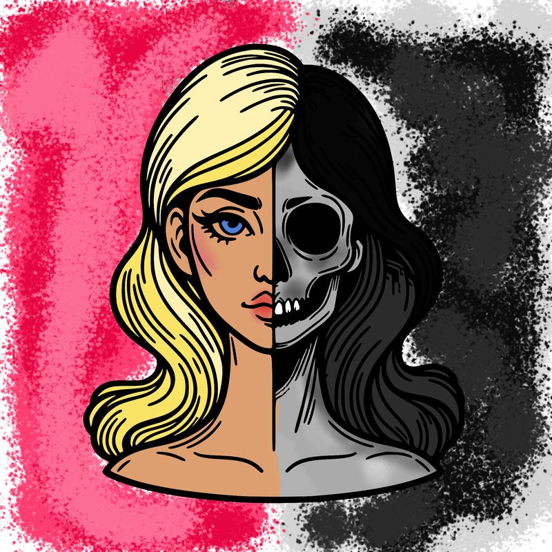 bust of a woman, half face and hair, half skull