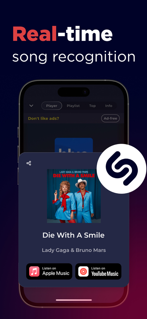 Radio Argentina Online - Fonction de reconnaissance de chanson en temps réel dans l'application Radio Argentine en Ligne identifiant une chanson de Lady Gaga et Bruno Mars