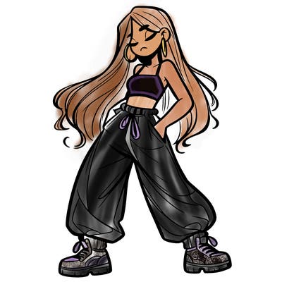 girl in baggy pants crop top and long hair