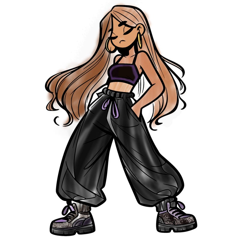 girl in baggy pants crop top and long hair