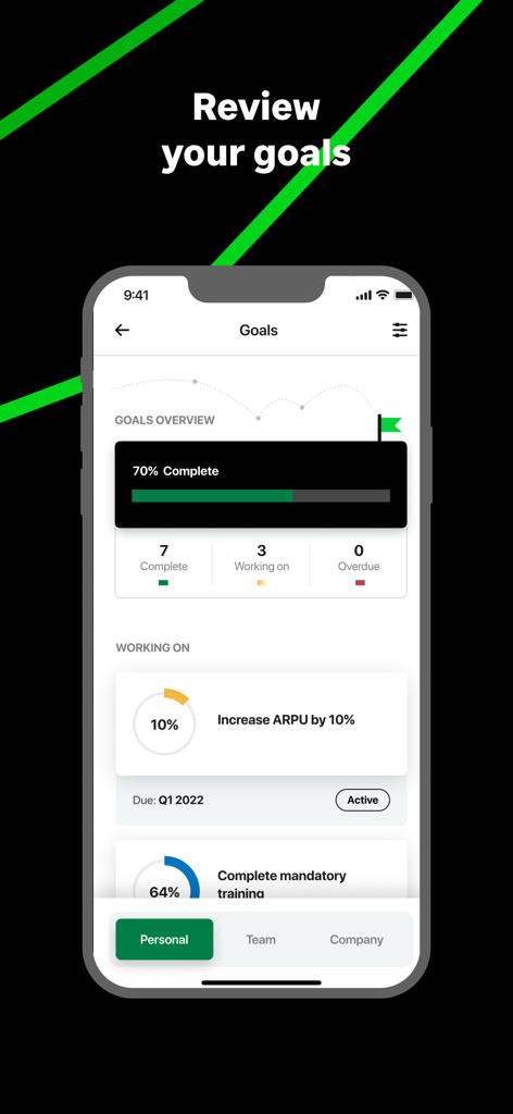 Sage HR (New) - Sage HR 앱 직원 목표 대시보드에 성과 진행 상황과 상태 업데이트가 표시됩니다