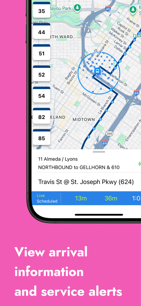 Tela do aplicativo RideMETRO mostrando estimativas de chegada de ônibus em tempo real e um mapa de trânsito de Houston