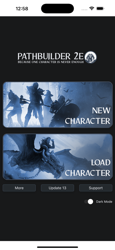 Pathbuilder 2e - Tela inicial do Pathbuilder 2e com opções para criar um novo personagem ou carregar um personagem existente