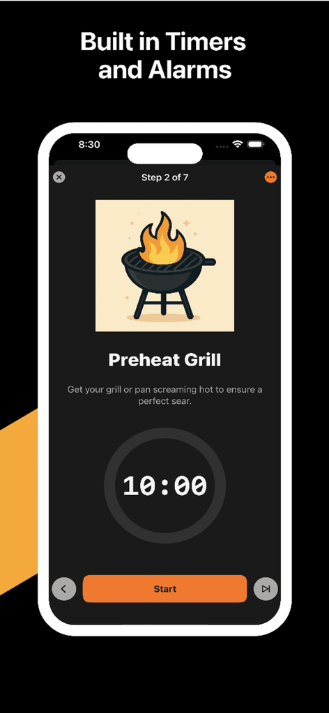 High-Steaks - Screenshot dell'app High-Steaks che mostra una fase di preriscaldamento della griglia con un conto alla rovescia di dieci minuti