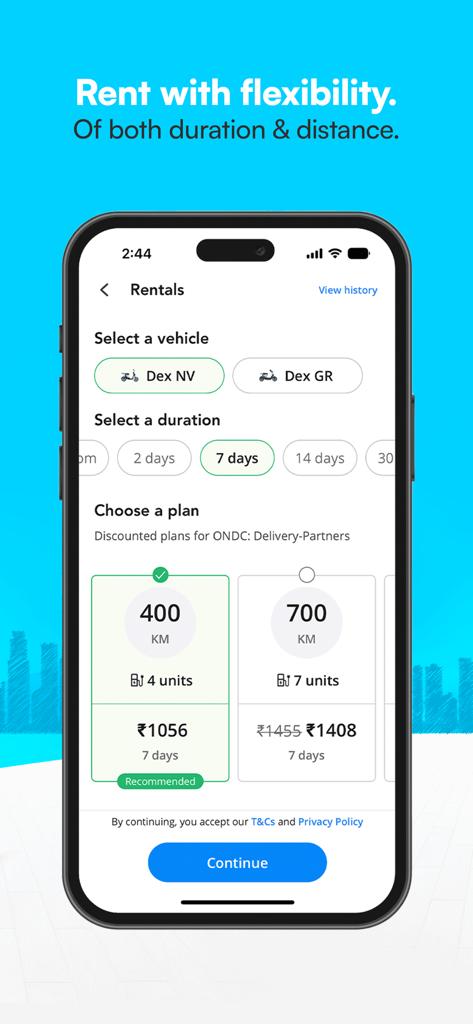 Interface of the Yulu e-bike rental app showing flexible duration and distance plans