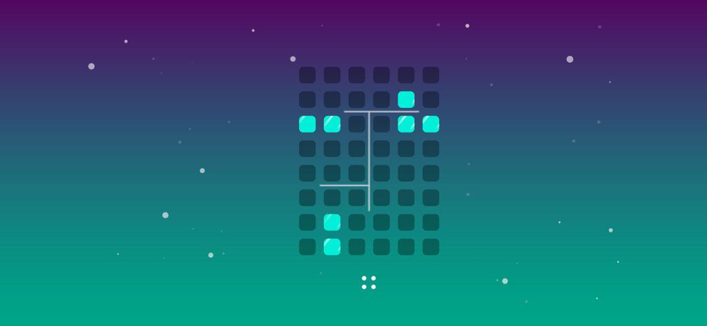 Harmony: Relaxing Music Puzzle - Minimalist grid puzzle interface with glowing cyan squares and symmetry lines on a teal and purple gradient background