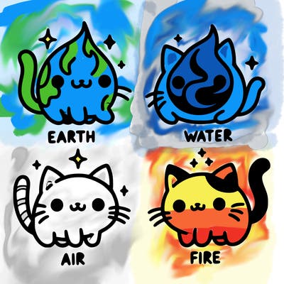 4 cats that represent the different elements, earth, water, air, and fire
