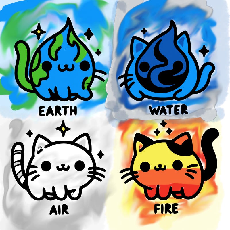4 cats that represent the different elements, earth, water, air, and fire