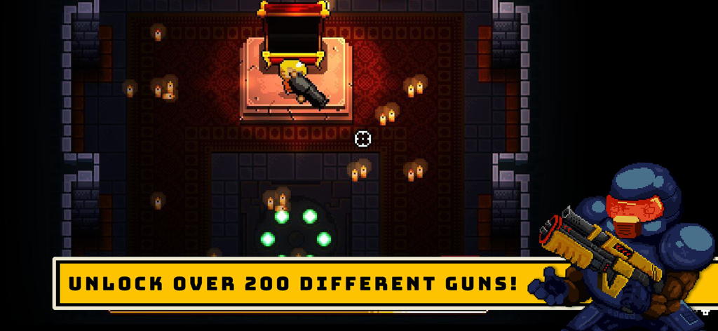 Enter the Gungeon - Enter the Gungeon gameplay screenshot showing a character in a dungeon with text saying unlock over 200 different guns