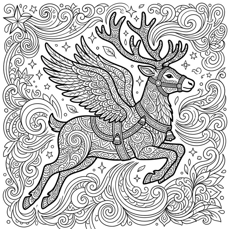 Discover the enchanting world of this Zentangle Flying Reindeer coloring page. Perfect for adults and teens, it combines intricate patterns with the magic of mythical creatures, offering a unique artistic escape.