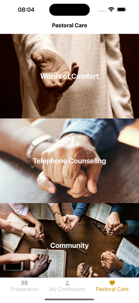 La pantalla de Cuidado Pastoral de la aplicación Espejo de Confesión mostrando opciones para Palabras de Consuelo, Asesoramiento Telefónico y Comunidad.
