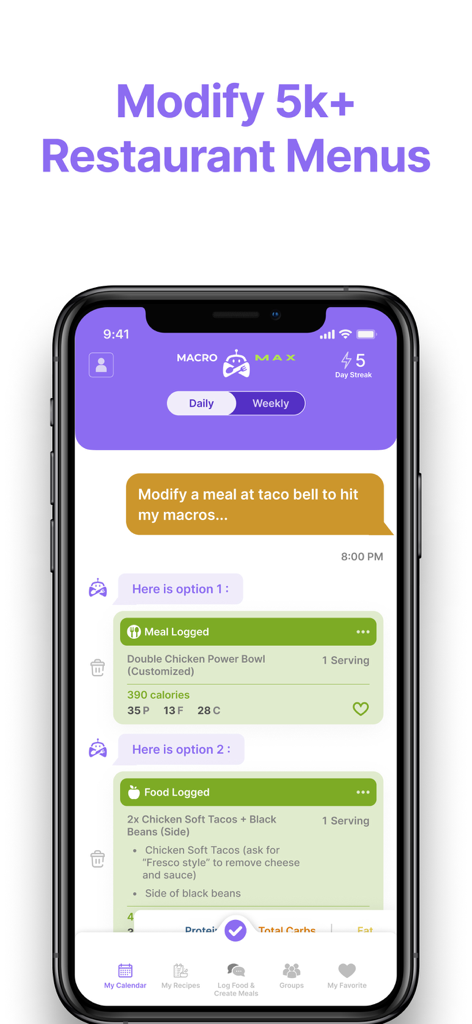 Macro Max: AI Macro Tracker - Macro Max 앱 인터페이스에 매크로 목표를 달성하기 위한 레스토랑 메뉴용 AI 식사 제안이 표시됨