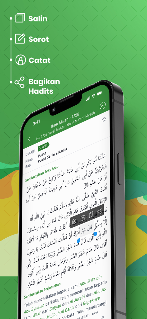 Hadith Encyclopedia - Interface of the Hadith Encyclopedia app showing text selection tools like copy highlight note and share on an iPhone screen