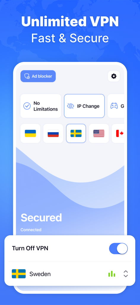 VPN Wave Proxy & AdBlock Pro - VPN Wave App-Oberfläche, die eine sichere VPN-Verbindung und Ad-Blocking-Funktionen zeigt