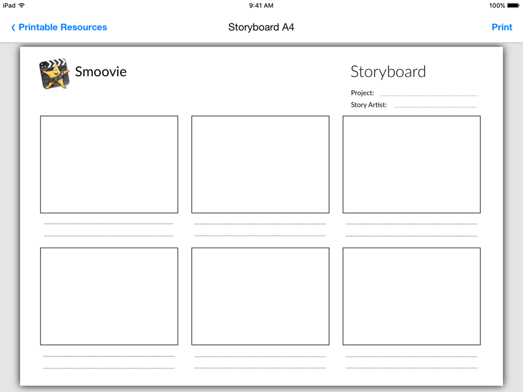 Smoovie Stop Motion - Una plantilla de storyboard imprimible dentro de la aplicación Smoovie para planificar proyectos de animación stop motion