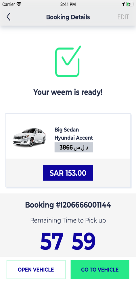 WEEM - WEEM app booking details screen showing a confirmed rental for a Hyundai Accent with buttons to open or go to the vehicle