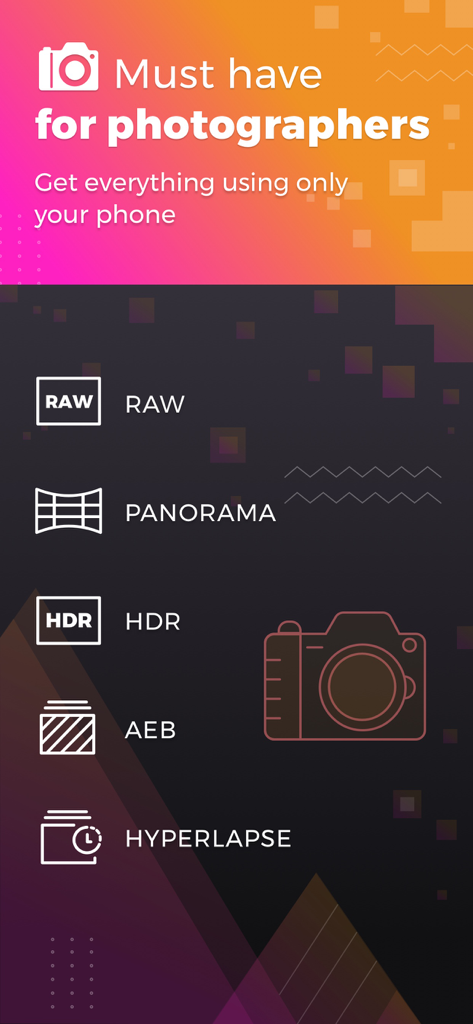 Sync for DJI: Go Mobile First - Pantalla promocional que muestra funciones de fotografía como RAW HDR Panorama AEB e Hyperlapse