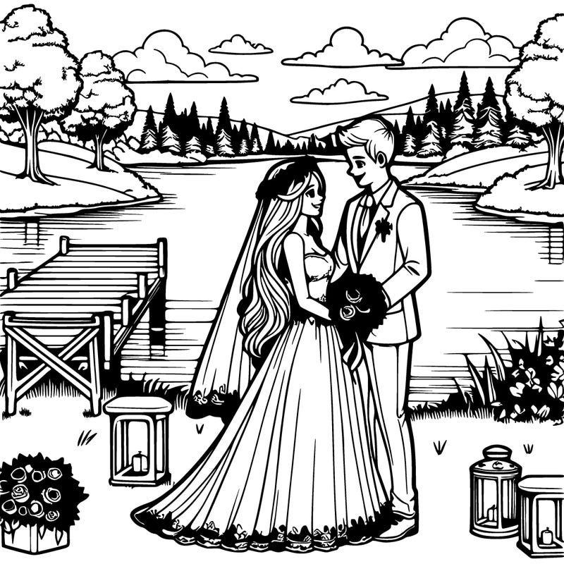 realistic couple getting married by beautiful lake