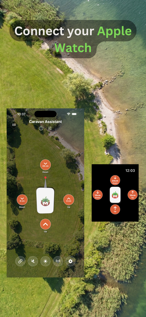 Caravan-Assistant: Wohnwagen - Interfaz que muestra la aplicación Caravan Assistant sincronizándose con Apple Watch para la nivelación del remolque