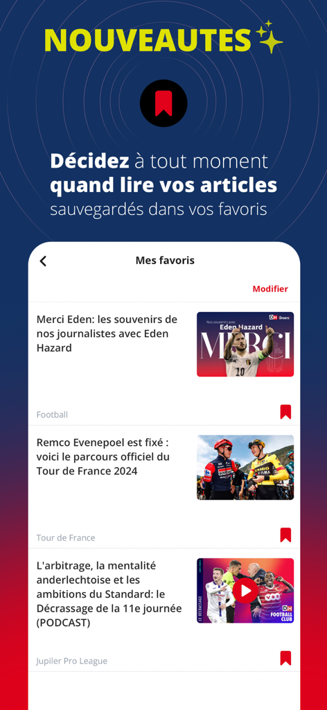 DH Les Sports plus App-Oberfläche, die eine Liste gespeicherter Artikel im Favoritenbereich zeigt