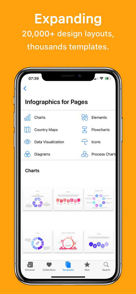 Interfaccia dell'app mobile che mostra varie categorie di infografiche e modelli di grafici per documenti professionali.