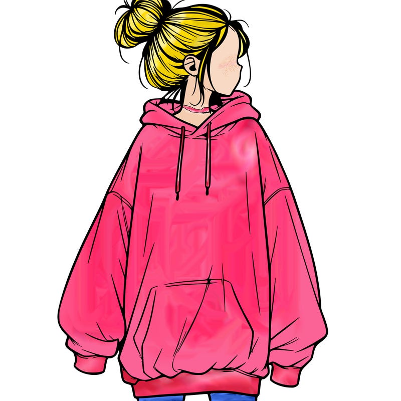realistic girl with a oversized sweatshirt on and a bun