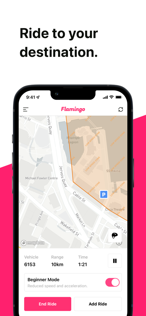 Flamingo Scooters - Flamingo Scooters app interface showing an active ride map with vehicle range and beginner mode enabled.