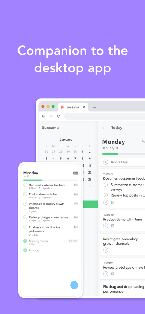 Aplicación móvil y interfaz de escritorio de Sunsama que muestran tareas diarias y calendario sincronizados
