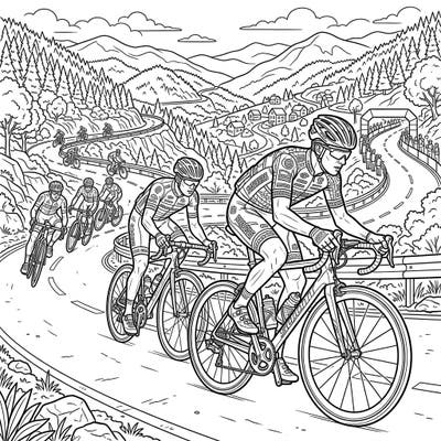 Gear up for an exhilarating coloring journey with this detailed illustration of a road cycling race through a stunning mountain landscape. Capture the speed and endurance of the cyclists as they navigate a challenging, winding route.