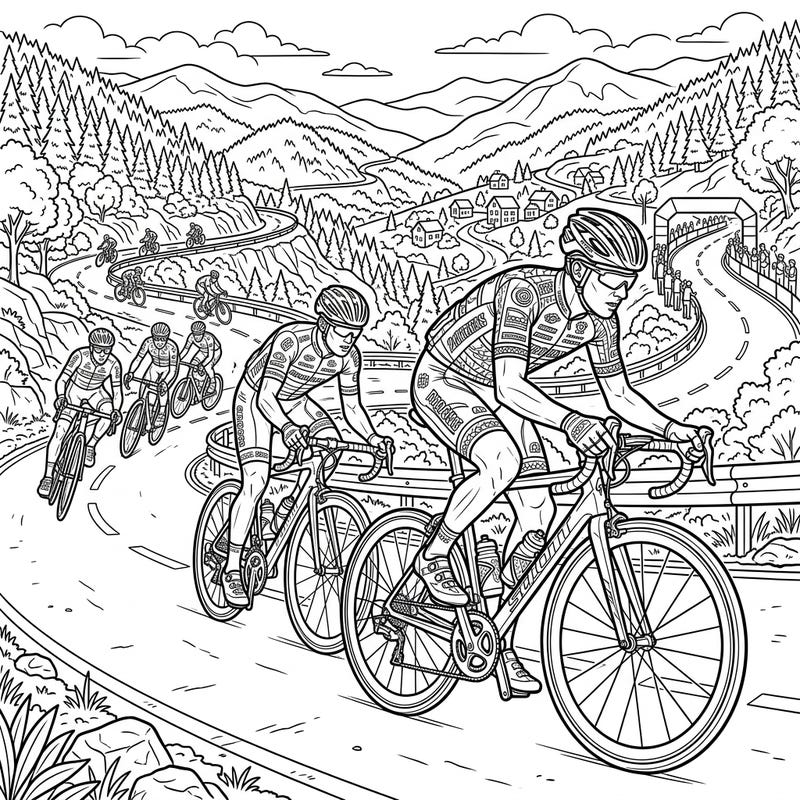 Gear up for an exhilarating coloring journey with this detailed illustration of a road cycling race through a stunning mountain landscape. Capture the speed and endurance of the cyclists as they navigate a challenging, winding route.