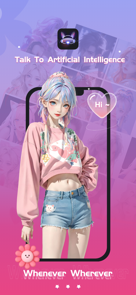 A promotional screen for the Zelan app featuring an anime-style girl character and the text Talk To Artificial Intelligence Whenever Wherever.
