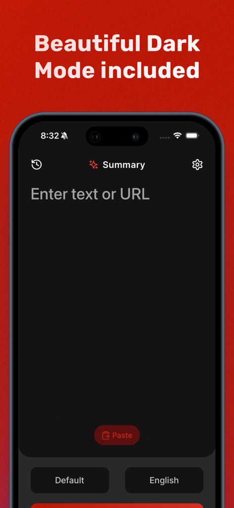 Summarizer - AI Text Summary - 要約アプリのインターフェース。ダークモードテーマが表示され、テキストまたはURLを入力するオプションがあります