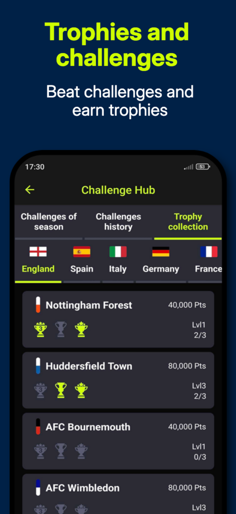 RFM26 Football Manager - RFM26 Football Manager app interface showing the trophy collection and challenge hub for various soccer clubs