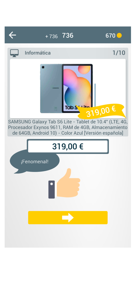 The Correct Price - Une capture d'écran de l'application Le Juste Prix montrant une estimation correcte du prix d'une tablette Samsung avec une icône de pouce levé.