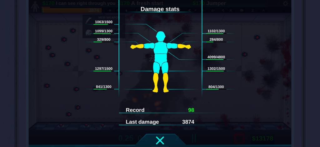 Happy Room - Damage statistics screen in the Happy Room game showing robot test results