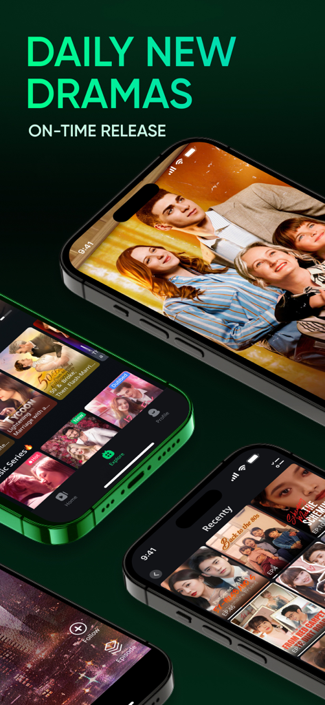 Mobile phones displaying the Reelala app interface with a focus on daily new short drama releases and trending video series