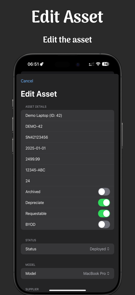 Snipe-Scan - Snipe-Scan mobile app interface showing the edit asset form with hardware details and status options in dark mode